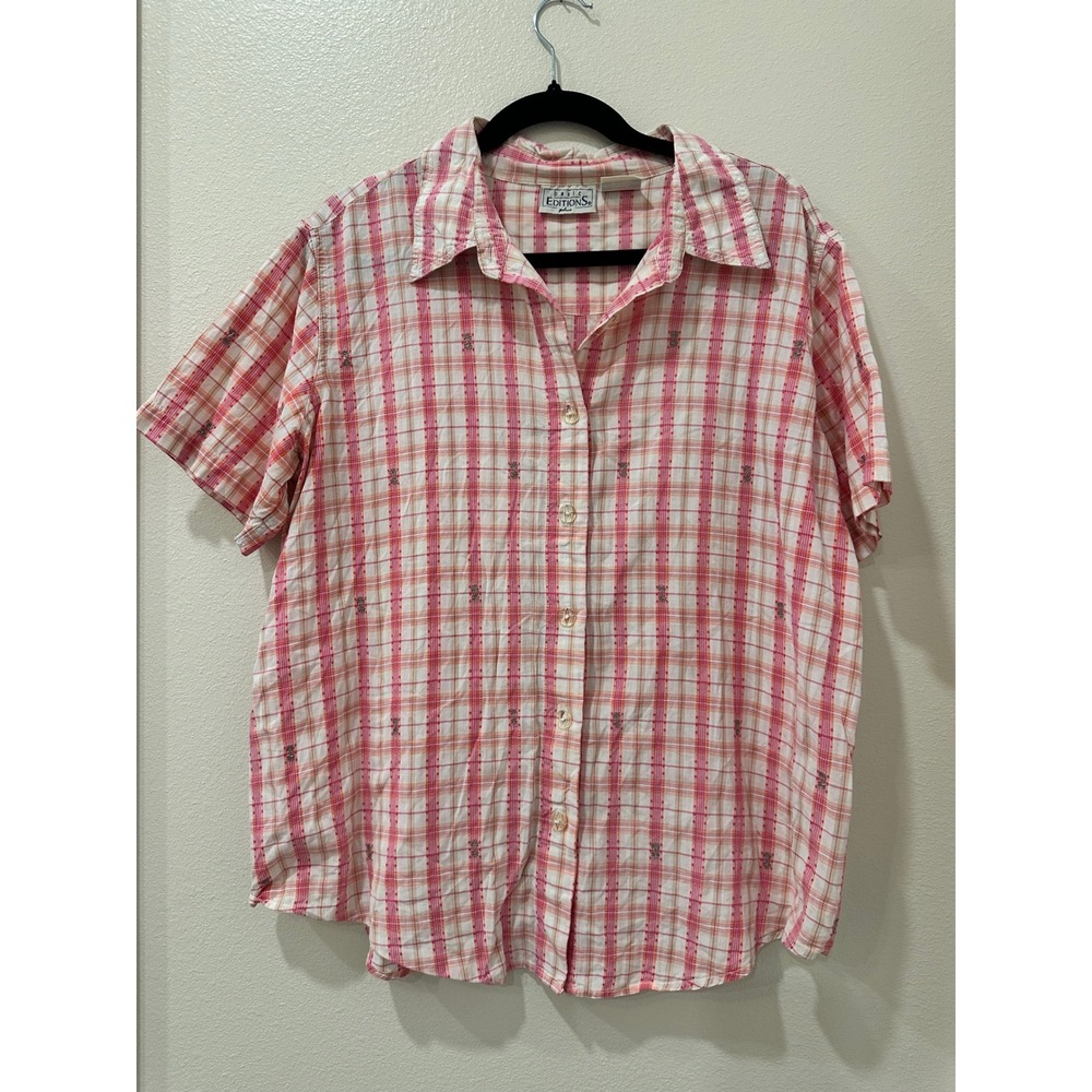 Basic Editions Plus Womens 18W Red Pink Plaid Embroidered Cotton Button Up Shirt